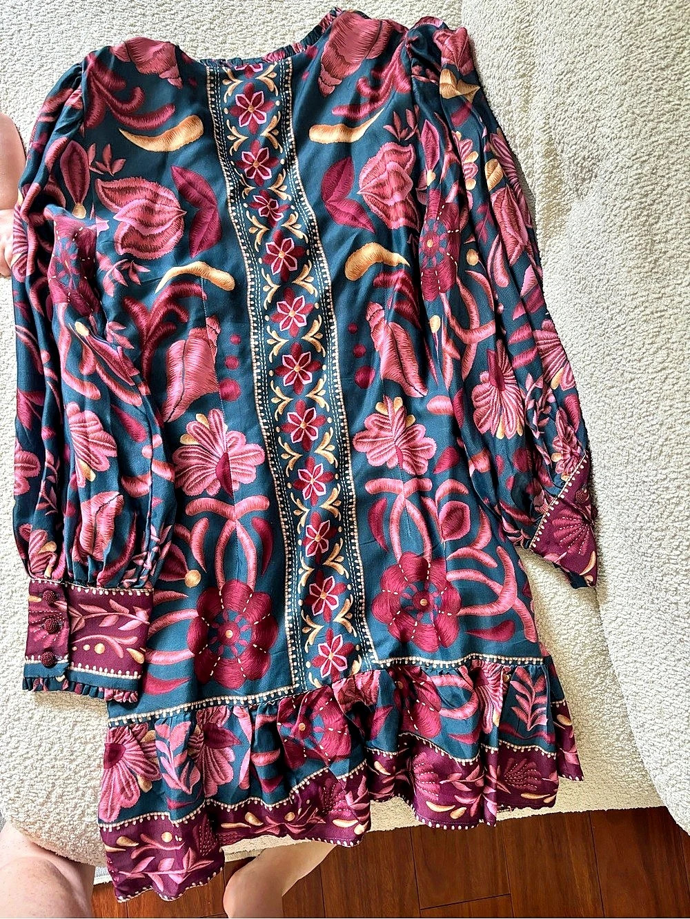 Farm Rio Seashell Tapestry Long Sleeve Mini Dress Blue & Pink Large - Picture 2 of 4